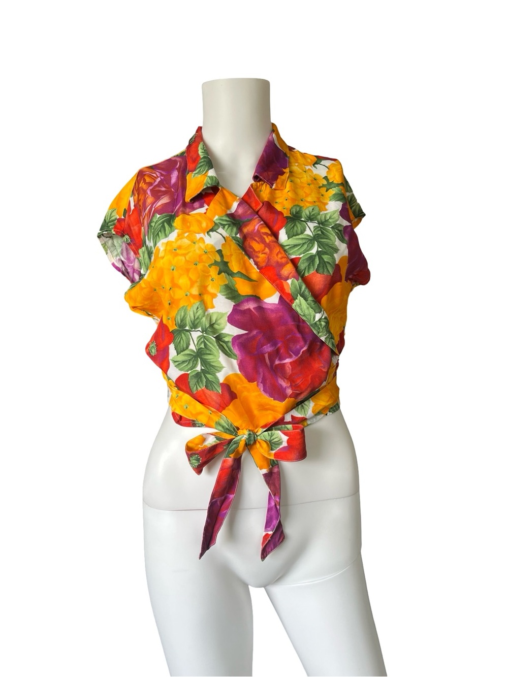 Vintage New Penny Wrap Top Short Sleeve Tropical Floral Resort Womens Size 42